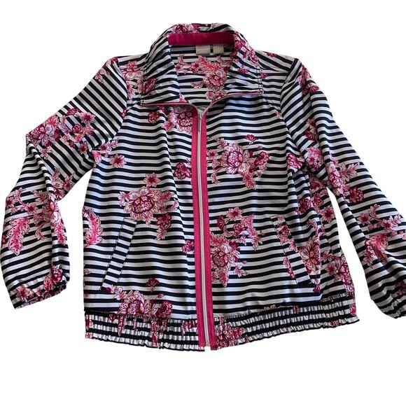 Chicos women’s Sz 3  lg12 track zip up jacket pink floral w black & white stripe - Picture 1 of 9